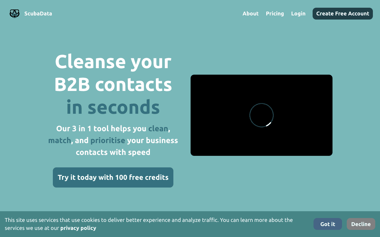 ScubaData homepage for B2B contact cleansing